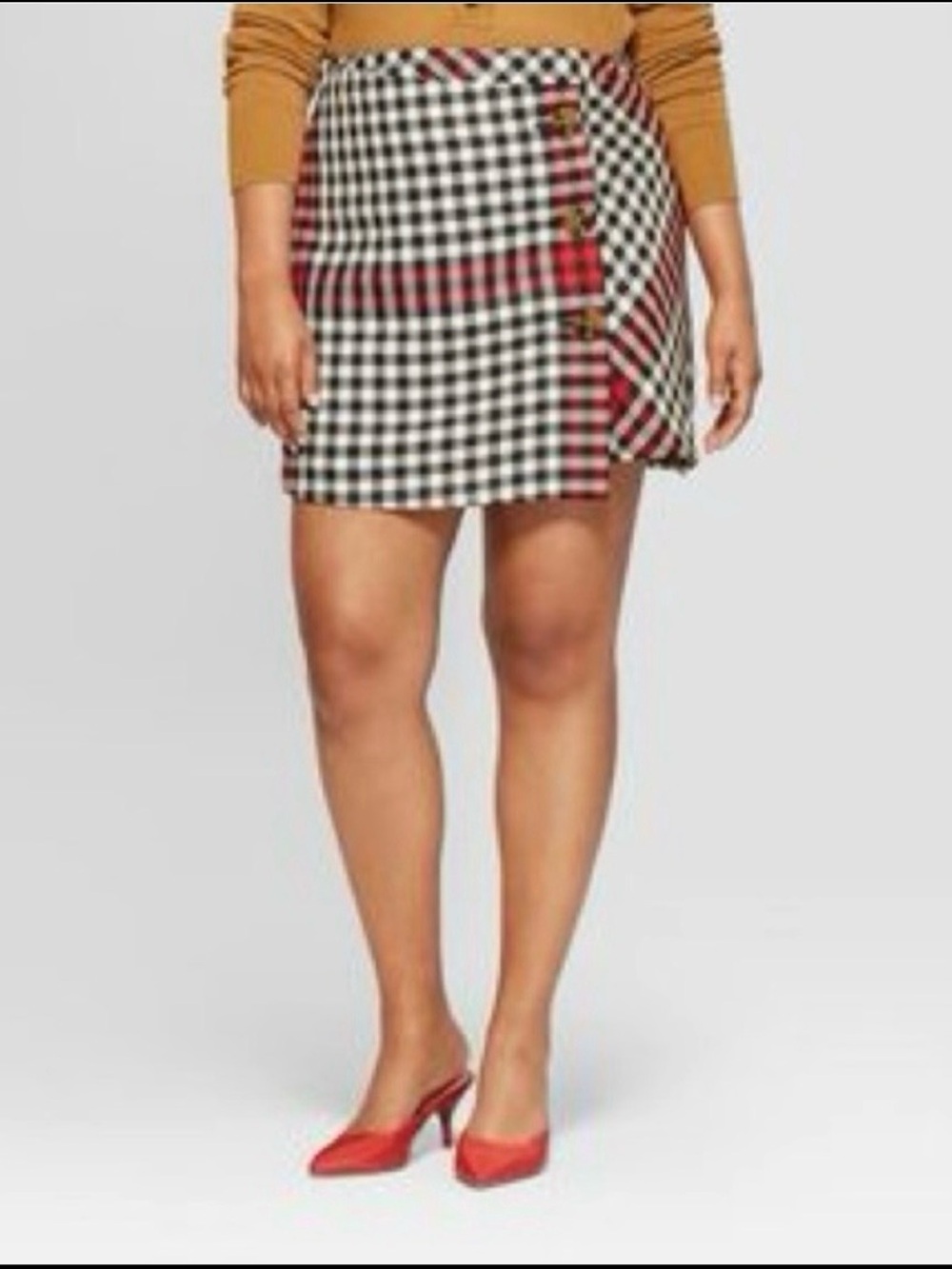 Who What Wear women’s 16W black, red & white plaid wrap Mini Skirt with buttons
